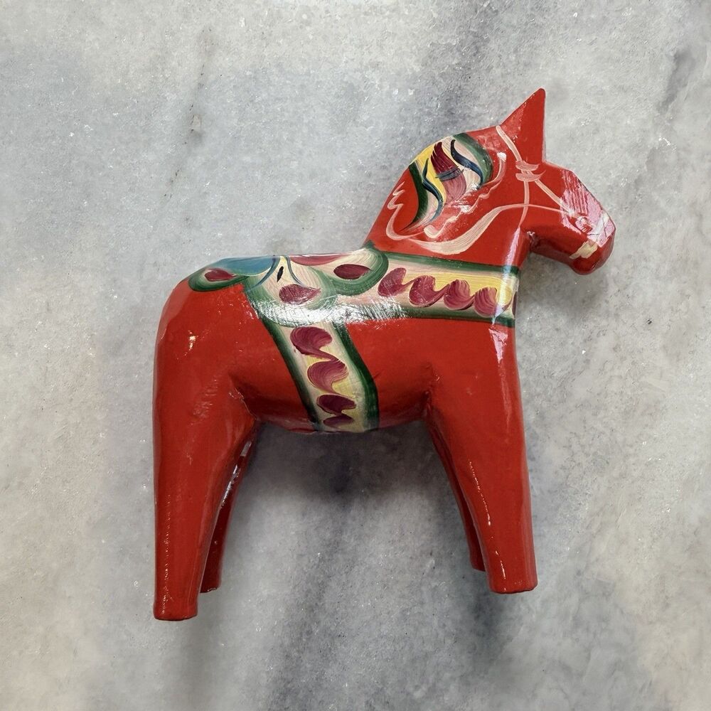Vintage Nils Olsson Swedish Dala Horse Red Hand Painted Wood Folk Art Sweden